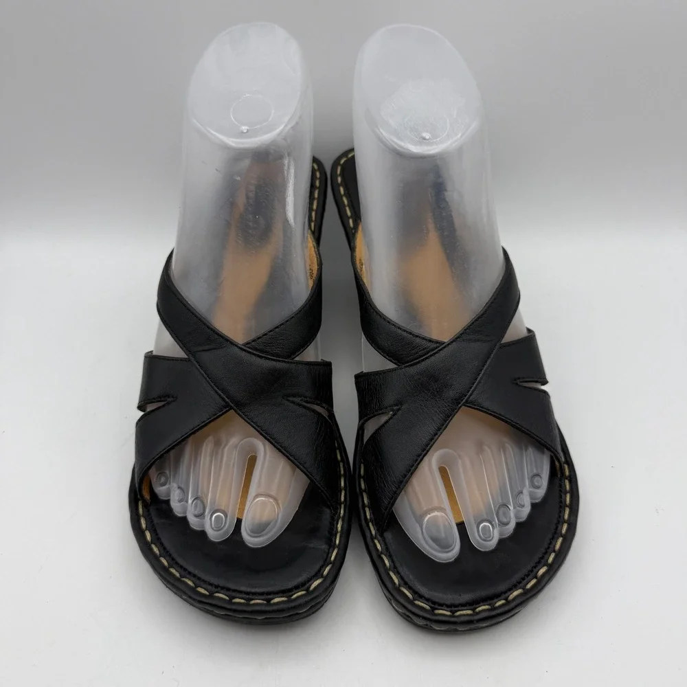 Born Wedge Sandals Women 8 Black Leather Crisscross Slide B3430 Casual